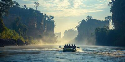 A Raft Navigates a River Through a Misty Canyon photo