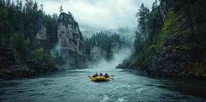 A group of people in a yellow raft navigating a river surrounded by fog and steep rocky cliffs photo