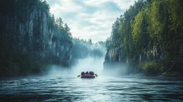 A Group Of People On A Raft Navigating A Misty River Through Tall Cliffs photo
