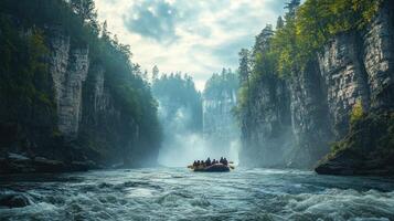 A group of people rafting down a river through a foggy canyon photo