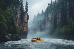 Rafting Through a Foggy Gorge with Steep Rocky Cliffs photo
