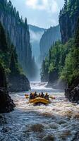 Group of people in a yellow raft navigate a rushing river through a canyon photo