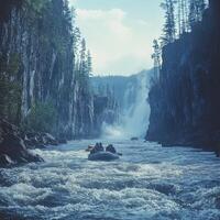 A Raft Navigates a Turbulent River with a Waterfall in the Background photo