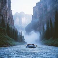 Raft Navigating a Misty Mountain River Gorge photo