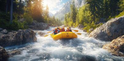 Group of people in a yellow raft navigating a rapid river with rocky banks and a mountainous backdrop. photo