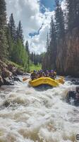 Group of people rafting down a river surrounded by trees photo