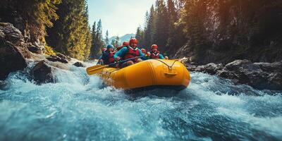 Group of Adventurers Navigating Rapids in a Yellow Raft photo