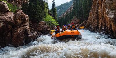 Group of people in a raft navigating whitewater rapids in a narrow canyon photo