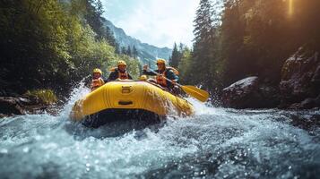 A group of four people navigate a rapid in a yellow raft. photo