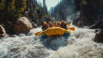 Rafting Group Navigating Rapids in a Mountain Canyon photo