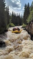 Group of Rafters Navigating a Rocky River Rapid photo