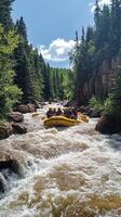 A Group Of People Rafting Down A River In A Forest photo