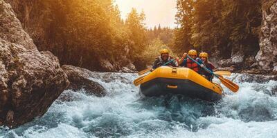 Three People Rafting Through Rushing Water in a River photo