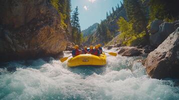 Rafting team navigating through whitewater rapids in a narrow canyon. photo