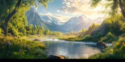 A Serene Mountain River Flowing Through Lush Green Meadows Under a Sunny Sky photo