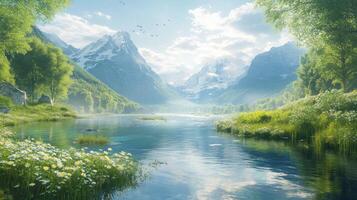 Serene Mountain Lake with Lush Green Foliage and Snow-capped Peaks photo