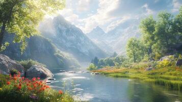 Serene Mountain River with Lush Greenery and Snow-capped Peaks photo