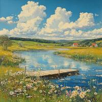 A Wooden Dock Extending Into a River with a Rural Landscape and Puffy Clouds in the Sky photo