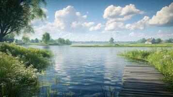 Tranquil Lake Scene with Wooden Dock and Lush Greenery photo