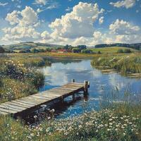 Rustic Wooden Dock Extending Over a Tranquil River in a Pastoral Setting photo