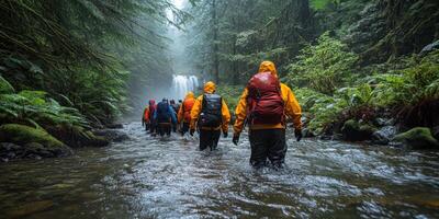 Hikers in Yellow Raincoats Traverse a Creek Towards a Waterfall in a Foggy Forest photo
