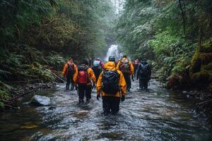 Hikers Traversing a Misty Forest Stream photo