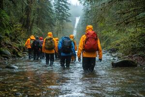 Group of Hikers Walking Through a Stream in a Foggy Forest photo