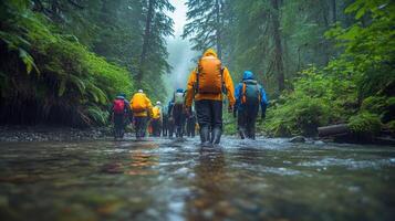 Hikers in Rain Gear Crossing a Stream Through a Foggy Forest photo
