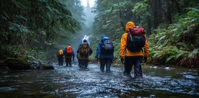Hikers with Backpacks Traverse a Creek in a Lush Forest photo