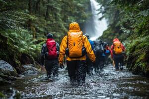 Hikers in Yellow and Red Rain Gear Traverse a Stream in a Lush Forest photo