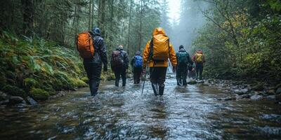 Hikers in Raincoats Traverse a Forested Stream photo