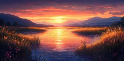 Sunset over a Calm River with Grassy Banks and Distant Mountains photo