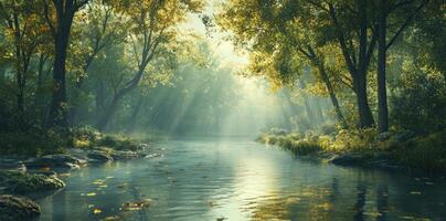 Sunbeams Filtering Through Trees Over a Stream in a Forest photo