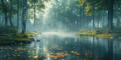 A Mystical Forest Stream with Fog and Fallen Leaves photo