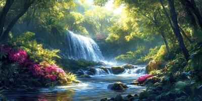 Lush Rainforest Waterfall with Stream and Sunlight photo