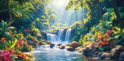 Tranquil Waterfall Flowing Through Lush Tropical Forest photo