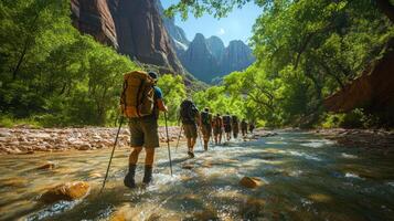 Hikers Crossing a River in a Lush Canyon photo