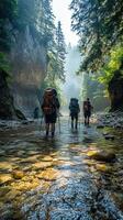 Hikers With Backpacks Crossing a River in a Dense Forest photo