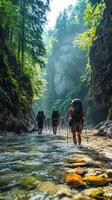 Hikers Walking Through a Gorge with a Stream photo