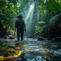 A lone hiker with a backpack walks through a jungle stream with sunlight breaking through the canopy. photo