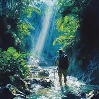 A lone hiker with a backpack walks through a jungle stream with sunlight shining through the trees. photo