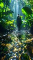 A Lone Hiker Navigates a Lush Jungle Stream Under Sunbeams photo