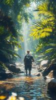 A lone hiker with a backpack walks through a tropical stream bathed in sunlight. photo