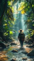 A lone hiker navigates a sun-dappled jungle stream. photo