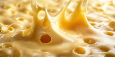 Close-up of a Splashed Surface of Emmental Cheese with Visible Holes photo