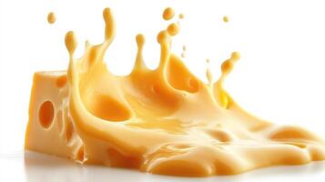 A block of Swiss cheese with melted cheese flowing and splashing around it photo
