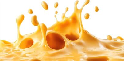 Golden Liquid Splashing and Dripping on White Background photo
