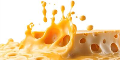 A Close-Up View of a Block of Swiss Cheese With Melted Cheese Splashes photo