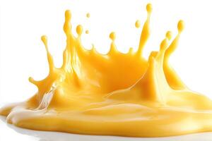 Yellow Liquid Splashing and Spreading on a White Background photo