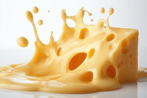A block of swiss cheese with melted cheese splashing around it photo